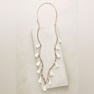 Serefina Boho Tasseled Droplets Long Necklace – White & Brass (Never Worn)